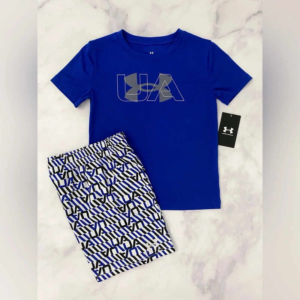 Boys Size 4 Under Armour Blue Shirt UA AOP Shorts Set New